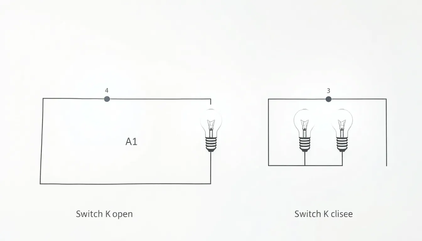 A clean educational circuit diagram with identical batteries and three identical bulbs A1, A2, A3 on a white background. Switch K is open, all bulbs glow equally. A second diagram shows switch K close