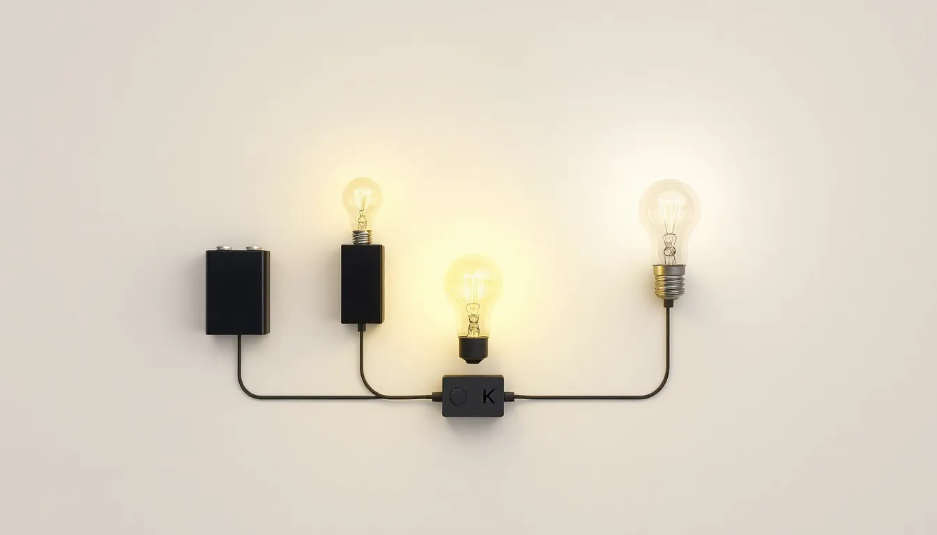 A minimal educational diagram on a white background: Two identical batteries power three identical bulbs. Switch K is open; bulbs A1 and A2 glow equally bright, bulb A3 is off. When switch K closes, b