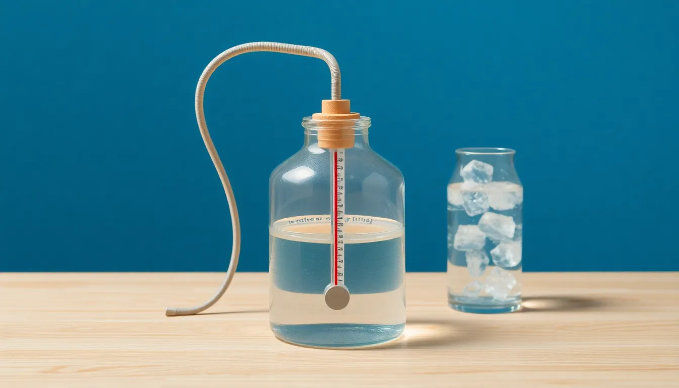 A minimal educational diagram: a glass bell jar containing a water bowl and a thermometer, sealed with a rubber stopper. A hose passes through the stopper, its other end submerged in a beaker of ice w