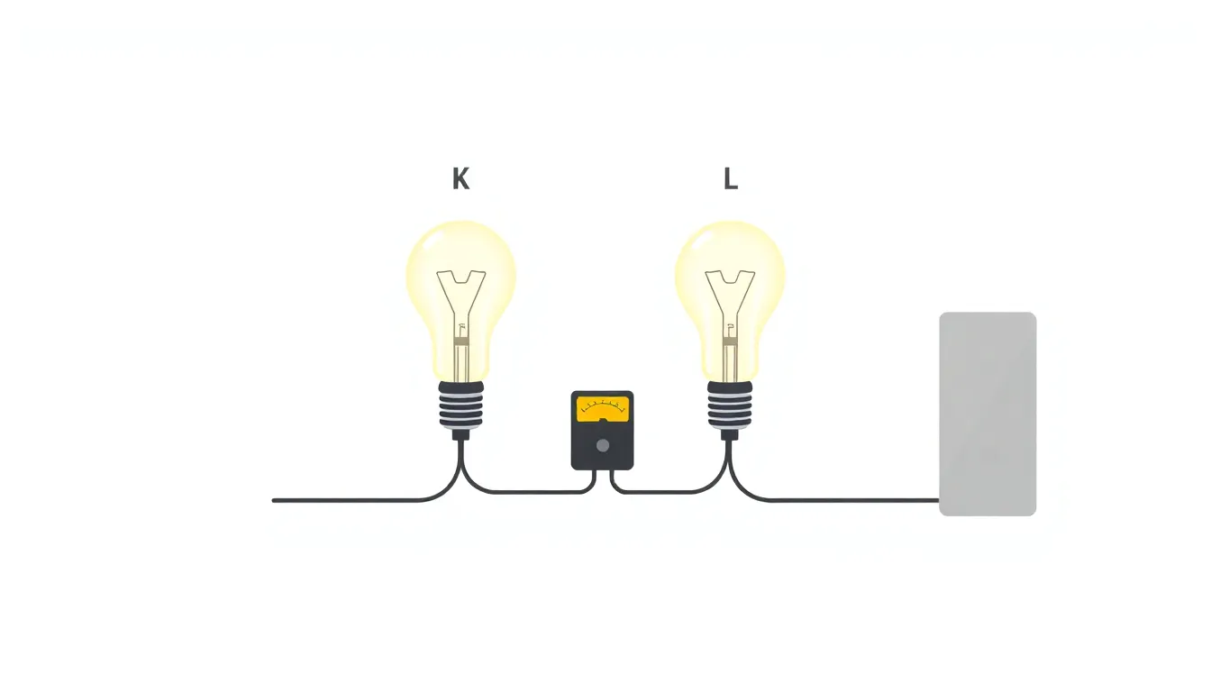 A clean, educational, minimal infographic-style diagram on a white background. Show two labeled light bulbs, K and L, connected in a simple circuit with an ammeter, a voltmeter, and a power source. Us