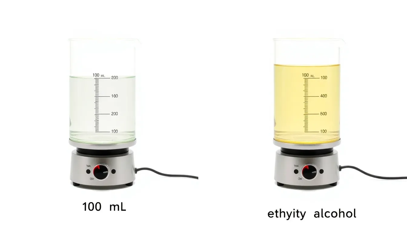 Two identical beakers on white background: one with 100 mL water, one with 100 mL ethyl alcohol. Two identical heaters underneath. Thermometers in each beaker. Minimal educational diagram style, clean