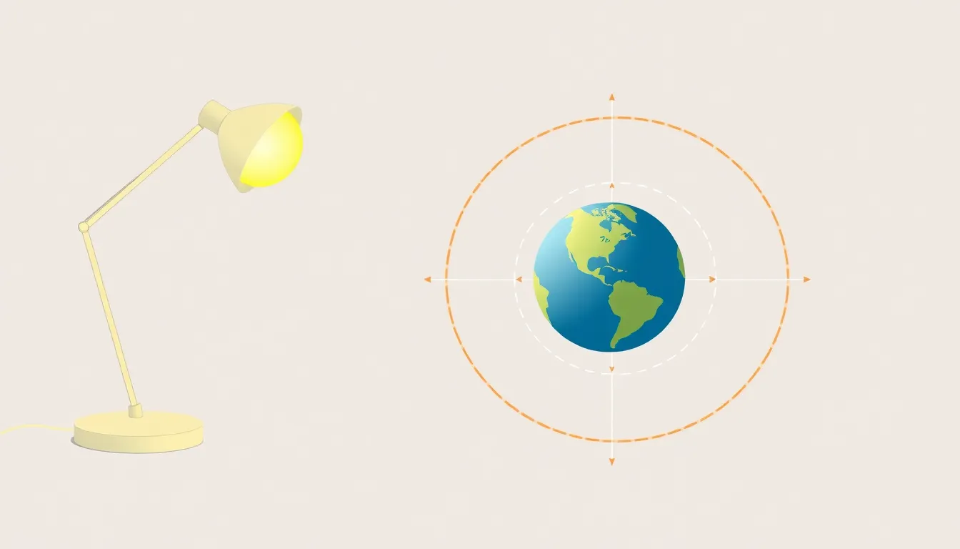 A clean educational diagram. A desk lamp (Sun) fixed at left. A tilted globe (Earth, 23.5° axis) placed in four orbital positions around the lamp. Mark points K (northern mid-lat) and L (southern mid-