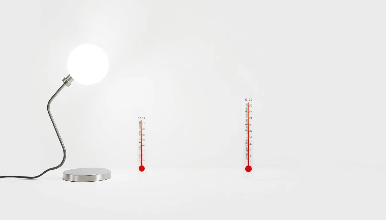 A minimal educational diagram with a white background. A desk lamp (representing the Sun) is fixed on the left. Two identical thermometers are placed at equal distance from the lamp. One thermometer i