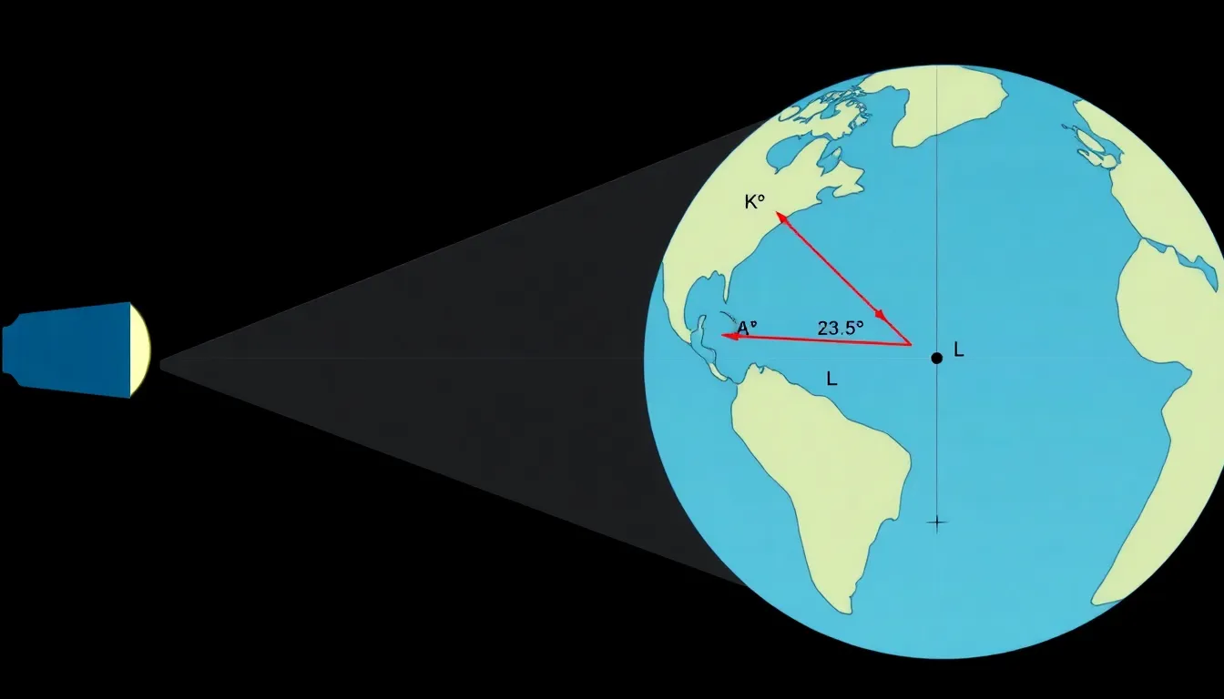 A minimal educational diagram: a flashlight as the Sun on the left, a globe tilted at 23.5° on its axis to the right, with point K marked on the northern hemisphere and point L on the southern hemisph