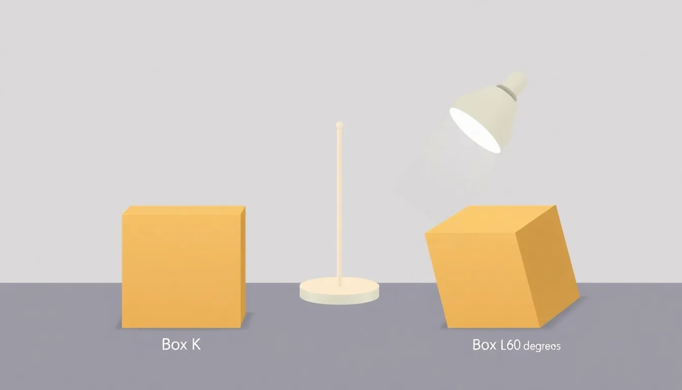 A clean educational diagram showing two identical cardboard boxes placed at equal distance from a desk lamp. Box K is directly facing the lamp (perpendicular light rays). Box L is tilted at a 60-degre