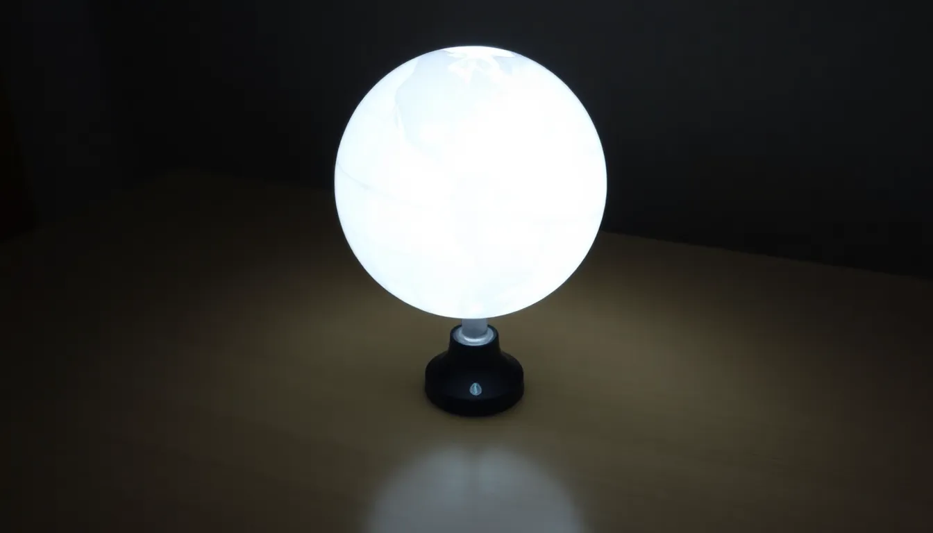 A hands-on science experiment setup: a flashlight (Sun) placed on a table, with a white styrofoam globe tilted at 23.5° on a stick. The globe is shown in 4 positions around the flashlight in an orbita