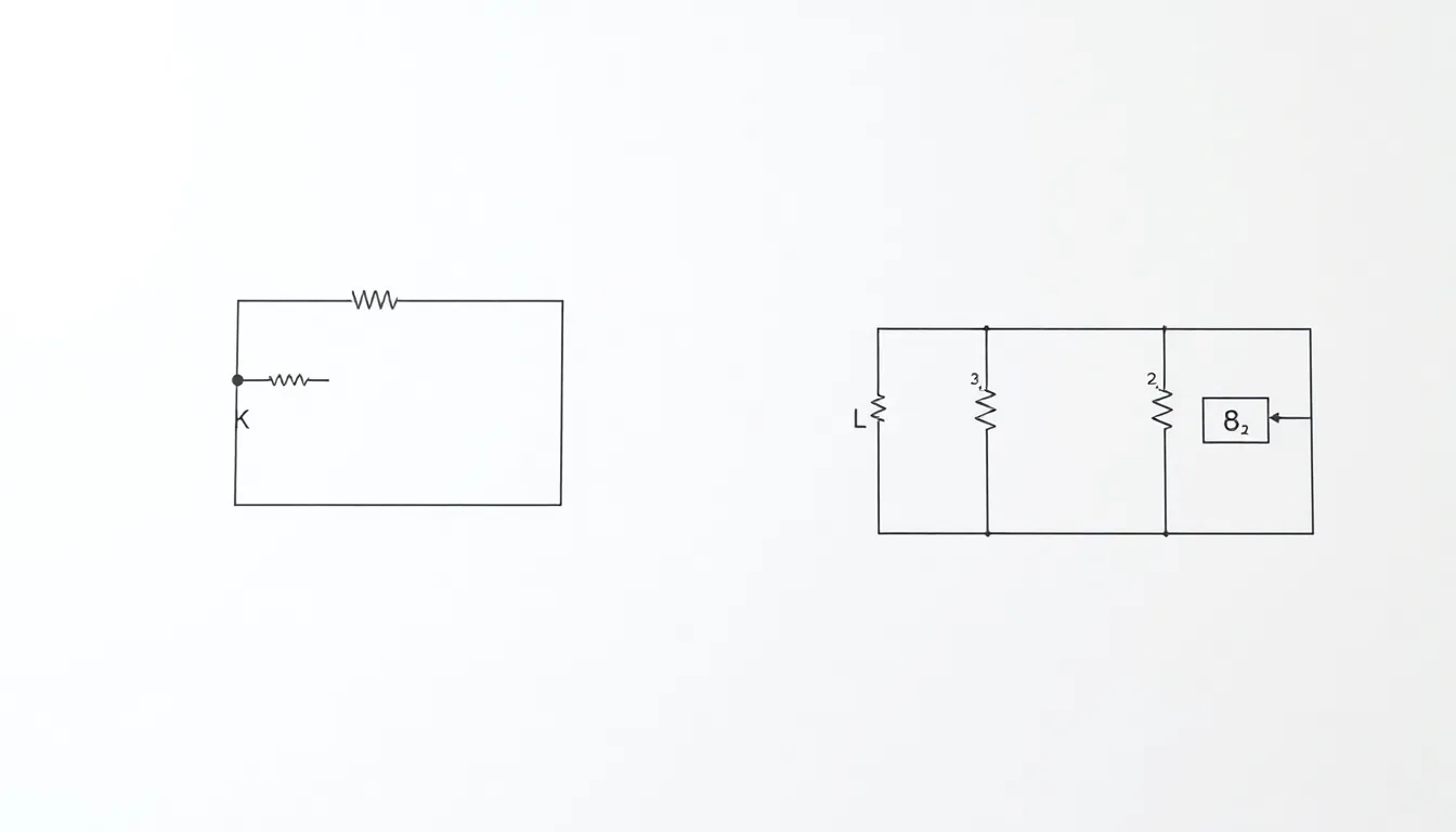 A minimalist educational diagram: two circuit comparisons on a white background. Left side: three identical 6Ω resistors (labeled K, L, M) connected in series with a 12V battery and an ammeter. Right
