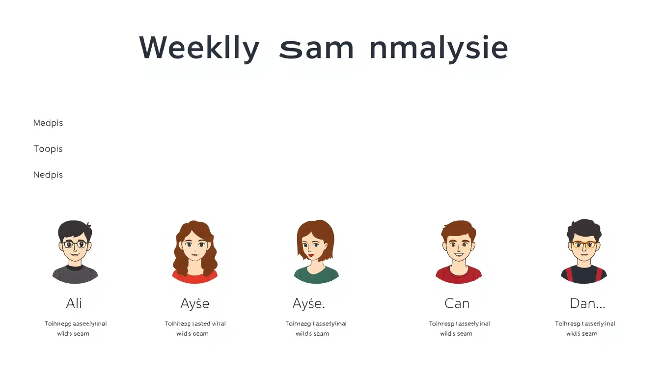 A clean educational infographic showing a weekly exam analysis for 6 middle school students. Six simple avatar icons with labels Ali, Ayşe, Can, D... arranged on a light background. Minimal b