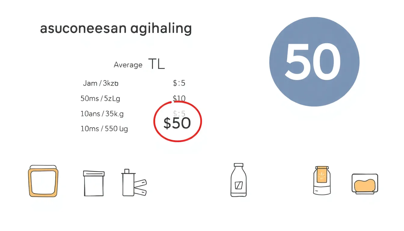 A minimalist educational infographic: a shopping receipt showing 10 items with average price 50 TL, one item circled as 30 TL, clean white background, no text, simple flat icons of products,