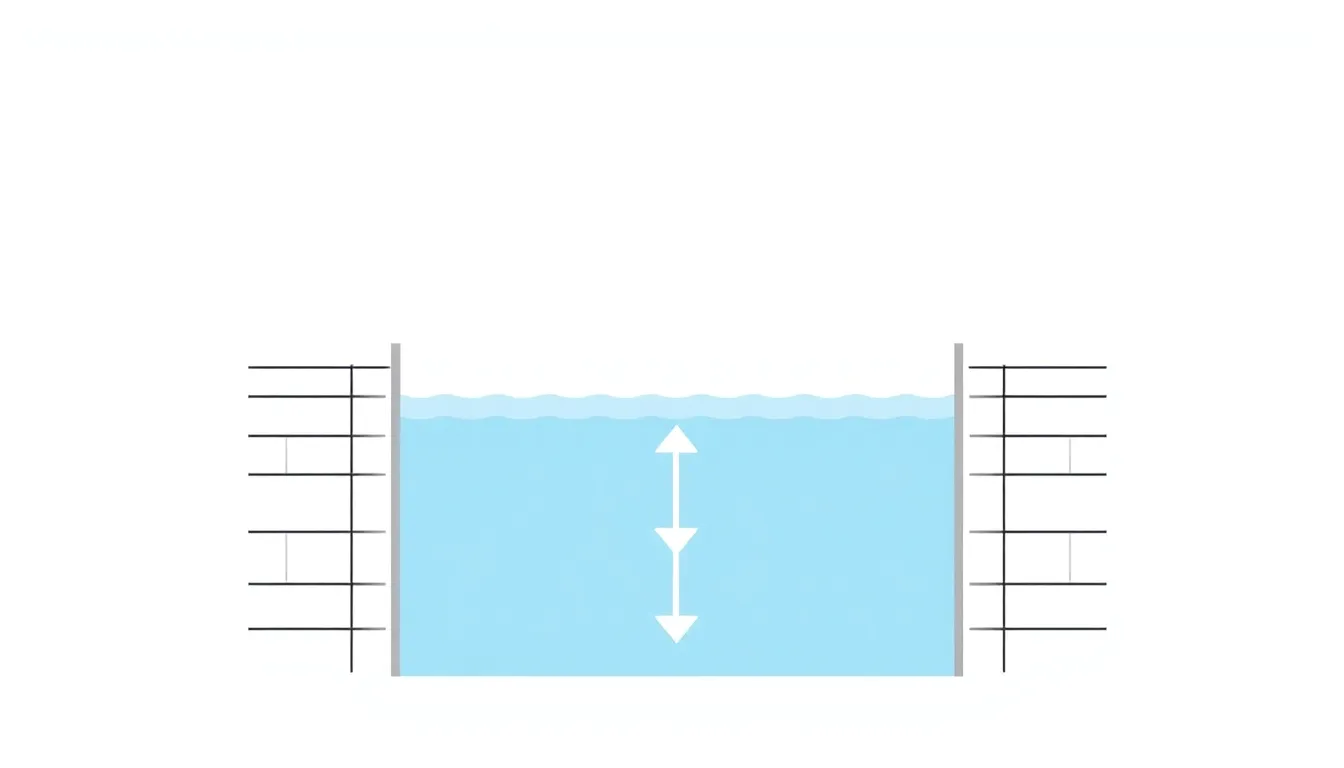 A simple educational diagram showing a dam wall cross-section, wider at the bottom and narrower at the top, with arrows indicating water pressure increasing downwards. Minimalist, clean style, white b