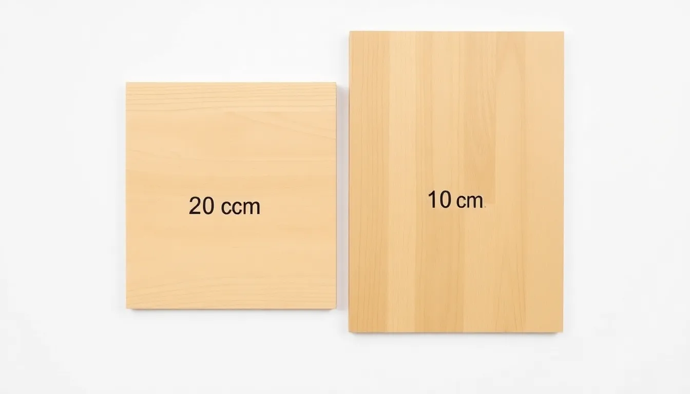 Two identical wooden boards cut into shapes: one square with 20 cm sides, one rectangle with 10 cm short side and 40 cm long side. Minimal educational diagram, clean white background, no text
