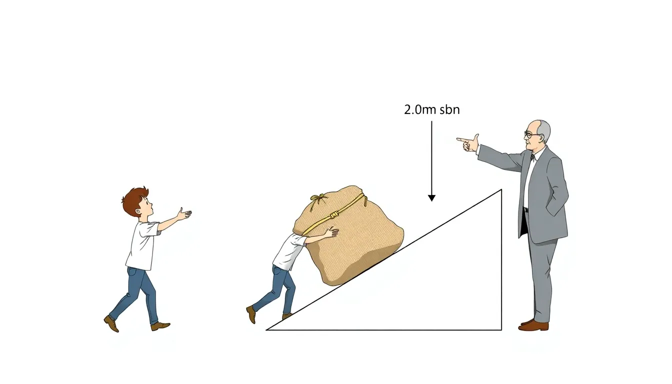 A clean educational diagram showing a 200N sack on a 5m inclined plane reaching a 2m wall. A boy pushes the sack upward while an old man points at the setup. Minimal style, white background, no text,