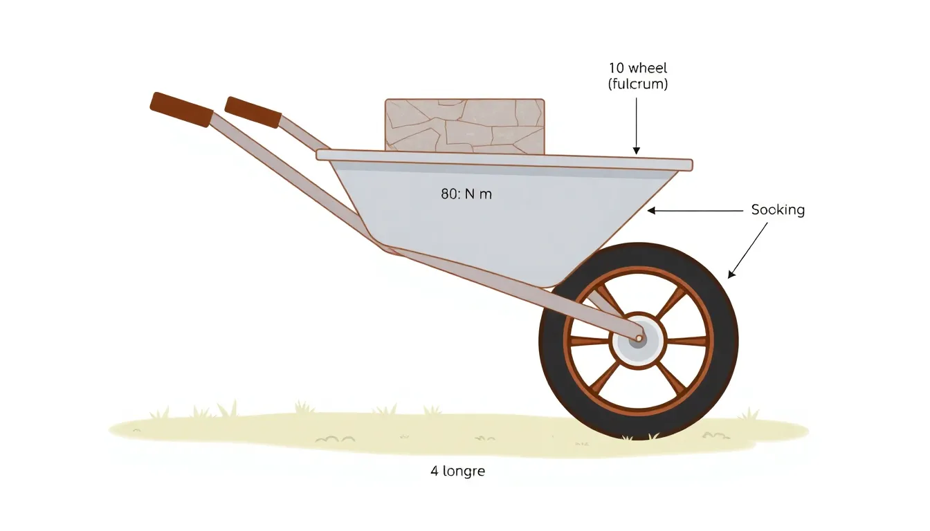 A clean educational diagram of a wheelbarrow labeled as a simple machine. On a white background, show a lever with a wheel (fulcrum), a 30 cm load arm holding a 600 N stone block, and a longe
