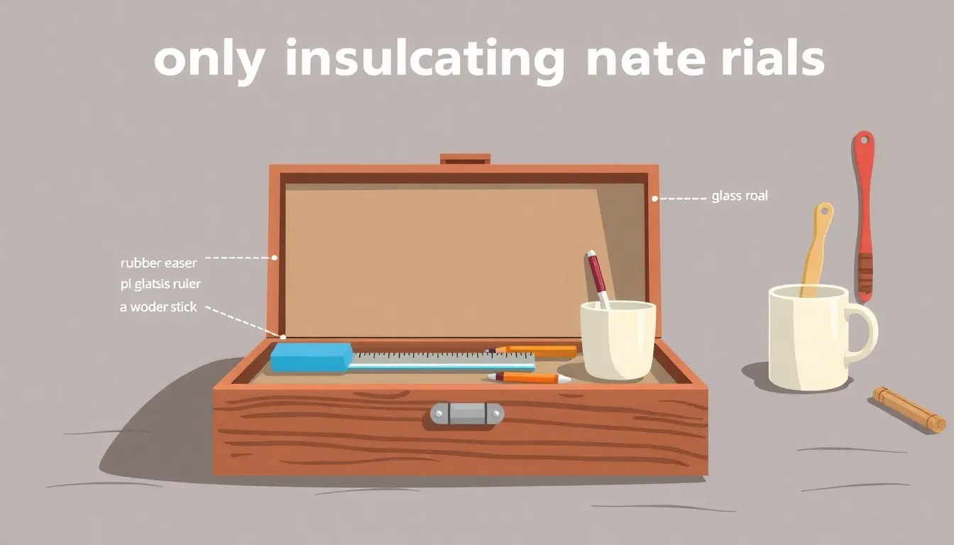 A clean educational infographic showing a workbench with an open toolbox. Inside the box are only insulating materials: a rubber eraser, a plastic ruler, a glass rod, a wooden stick, and a ceramic mug