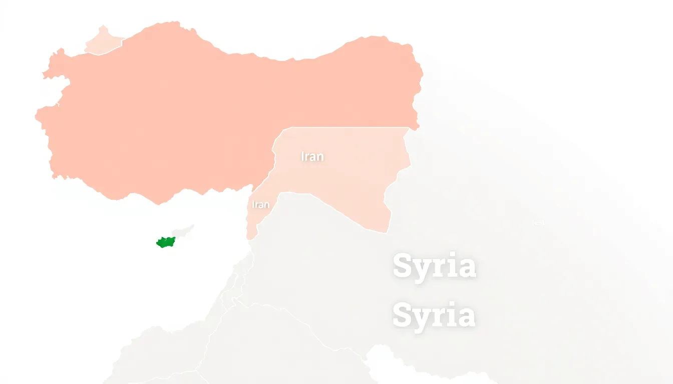 A minimalist educational diagram showing a map of Turkey, Iran, Iraq, Afghanistan, and Syria. Four countries (Turkey, Iran, Iraq, Afghanistan) are shaded correctly, while Syria is highlighted in a dif