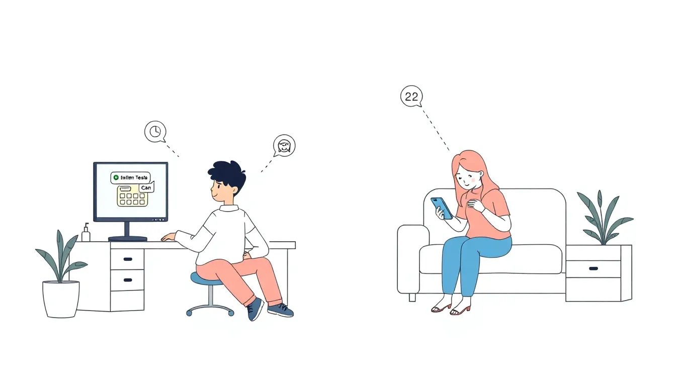 A minimal educational diagram showing a Turkish 8th-grade student named Selim in his room on a computer messaging a friend named Can and solving an online test, while his sister Elif is on her phone s