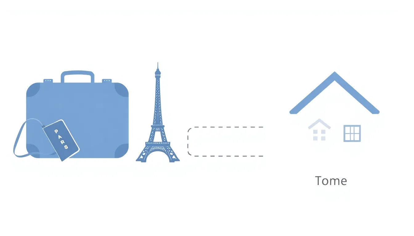 A minimal educational infographic showing a small Eiffel Tower model placed next to a suitcase and passport. A dotted travel route from Paris to a home icon. Clean white background, flat vector style,