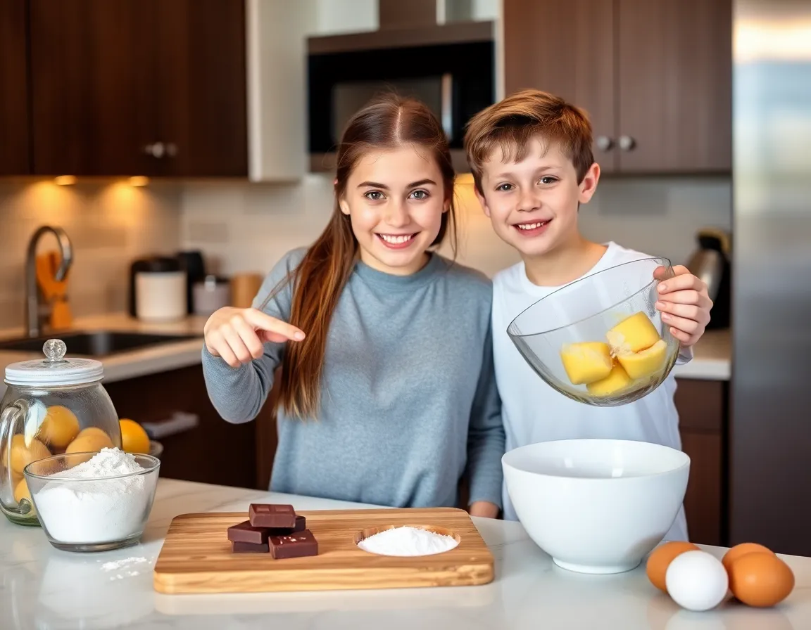 Two teenagers cooking in a kitchen