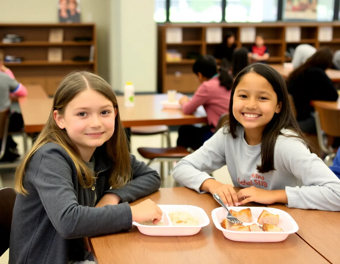 Two girls sharing lunch at school.